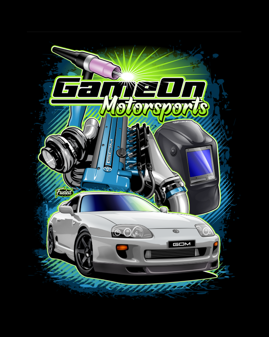GameOn Motorsports logo with car, tools, and welding helmet on a dark background