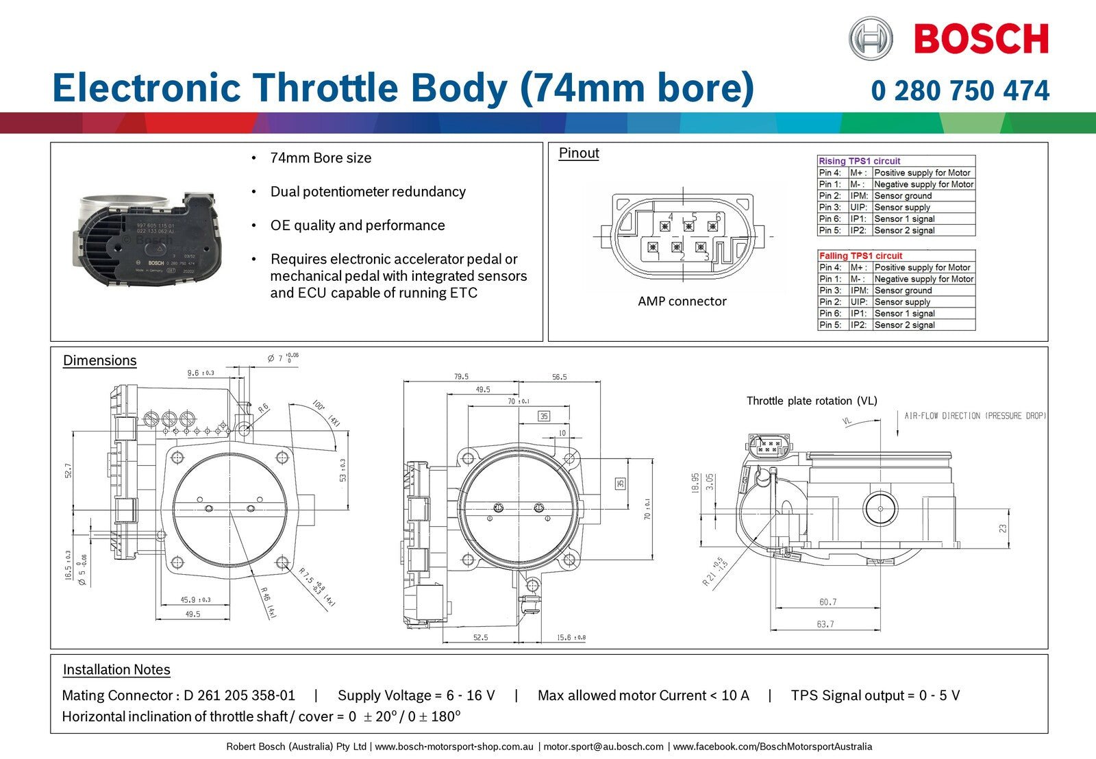 Bosch Motorsport Electronic Throttle Body 74mm 0 280 750 474 - Game On Motorsports Australia